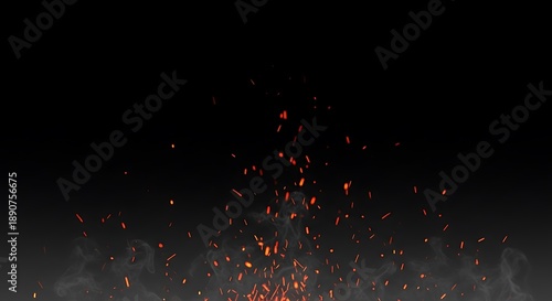Sparks and embers rising from a fire against a dark background, captured from a low viewpoint