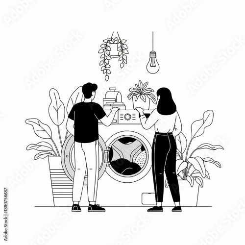 Couple standing in front of a washing machine with plants around them