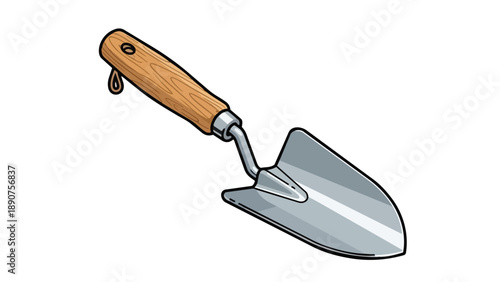 A vivid cartoon illustration portrays a classic garden trowel with a sturdy wooden handle and a shiny metal blade, perfect for efficient planting