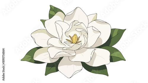 An exquisite illustrative depiction of a pristine white flower with lush green leaves, showcasing botanical elegance and a serene natural aesthetic