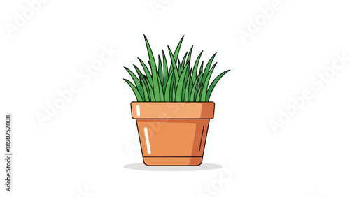 A charming minimalist illustration of vibrant green blades of grass neatly contained within a classic terracotta pot against a pristine white
