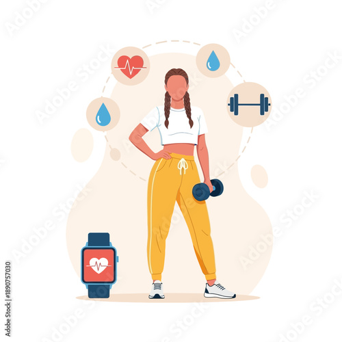A woman engaging in fitness activities with dumbbells and a smartwatch nearby for health tracking purposes every day