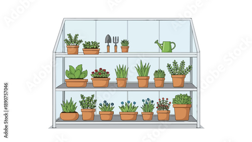 An inviting illustration of a personal indoor greenhouse, meticulously arranged with various potted plants including succulents, leafy greens, and