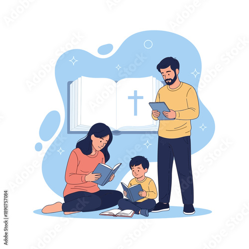 Family reading books together with open bible in background at home interior