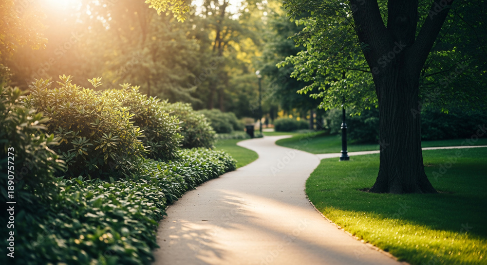 Obraz premium Serene pathway through lush greenery with trees and foliage, viewed from a gentle perspective in a natural setting.
