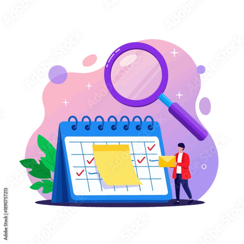 A man looking at a calendar with a magnifying glass on a colorful background