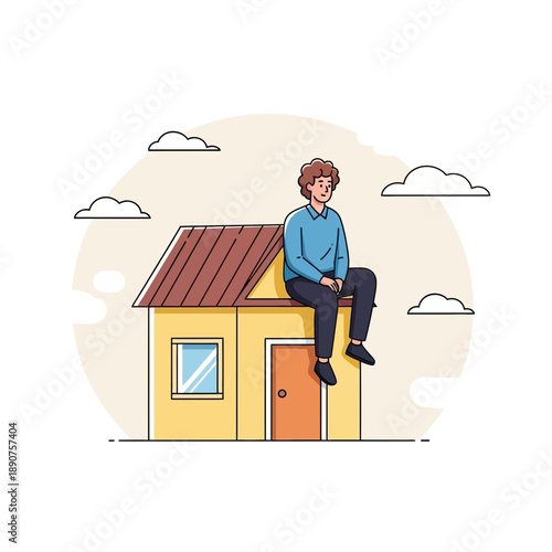 Man sitting on top of a small house with a brown roof and orange door outside