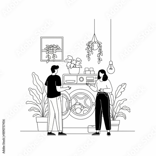 Couple standing in front of a washing machine with plants