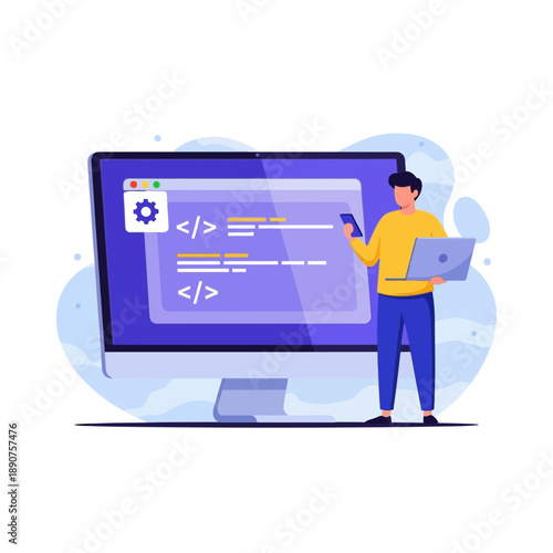 A cartoon man standing in front of a large computer monitor with code on the screen