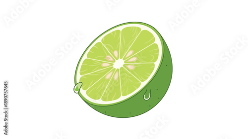Vibrant green lime half, bursting with fresh zest and juicy appeal, glistening with natural dew drops on its radiant, segmented surface, perfect for