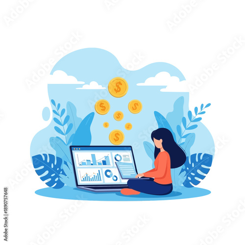 A woman sitting crosslegged on the floor with a laptop and money flying up around her in a whimsical scene with plants and clouds