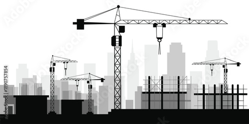 Urban construction skyline silhouette with multiple tower cranes, high rise buildings, scaffolding structures, modern city development illustration background