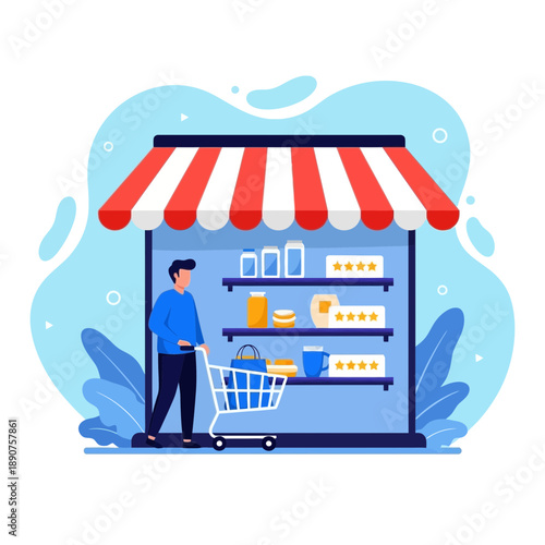 Illustration of a man standing in front of a store with a shopping cart