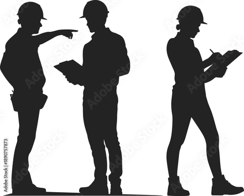 Construction worker silhouettes discussing plans and writing reports, symbolizing teamwork, communication, project management, supervision, planning, and professional industrial workflow