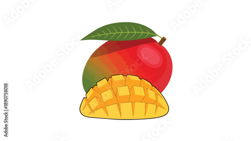 Vibrant tropical mango illustration showcasing whole fruit with a leaf and perfectly diced, juicy yellow flesh.