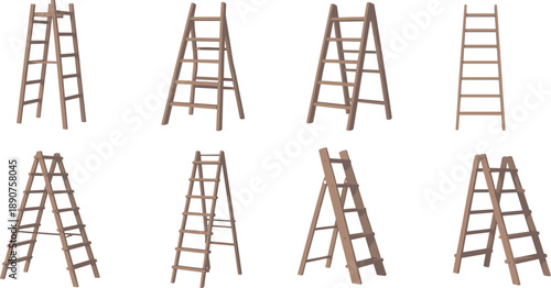Wooden step ladders, ladder silhouettes, construction tools, carpentry equipment, DIY projects, household repair, industrial design, safety illustration