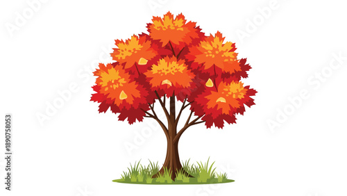 A vibrant autumnal tree with a dense canopy of fiery red and radiant orange foliage contrasting with its sturdy brown trunk and a fresh verdant