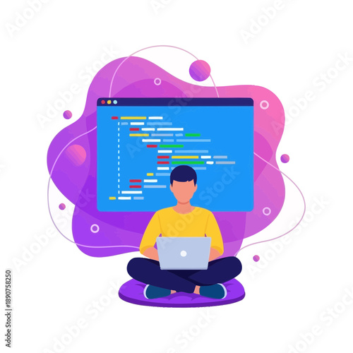 Man sitting crosslegged on floor with laptop and large computer screen behind him