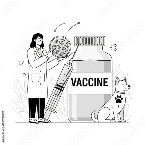 Veterinarian with a syringe and vaccine bottle with a dog
