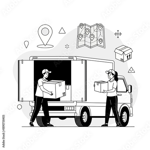 Two workers loading boxes into delivery truck with map and location icons