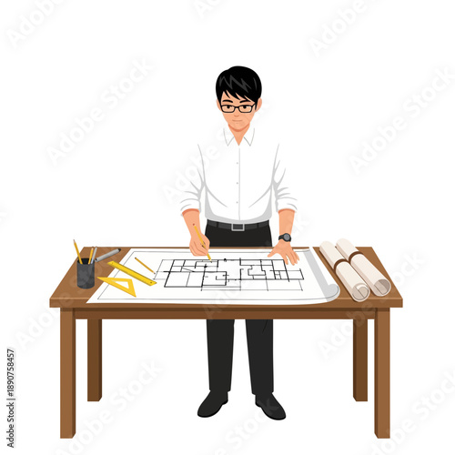 A cartoon man standing at a desk with a blueprint and architectural tools