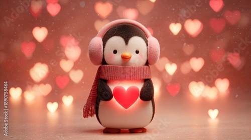 cute penguin holding glowing heart in winter, wearing red scarf and pink headphones, valentines day celebration with heart shaped lights in the background, festive atmosphere