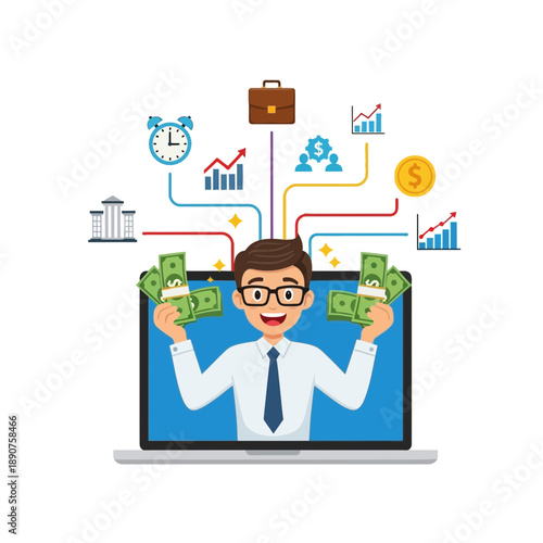 A man in a white shirt and tie holding cash on a laptop with business and finance icons floating above it