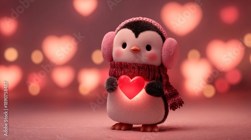adorable penguin holding glowing red heart with red scarf and pink headphones, valentines day theme with soft glowing heart bokeh in the background