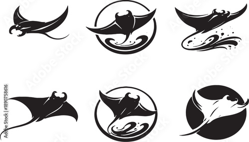 Manta Ray Icon Set Black and White Marine EPS Safe Silhouettes