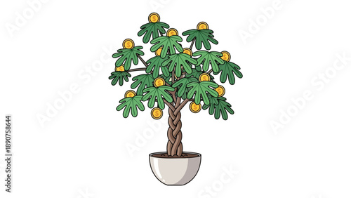 Vibrant illustration of a potted money tree with golden coins flourishing on its rich green leaves symbolising investment and financial growth