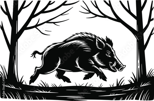 Bold black and white linocut style of a wild boar in motion within a forest silhouette, emphasizing its powerful presence
