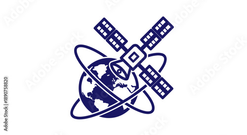 Blue Satellite Orbit Graphic with Earth, Solar Panels, and Space Icon – Logo Style, White Background, Earth View