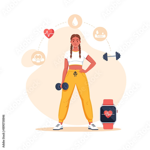 Woman exercising with dumbbells and a water bottle on a colored background