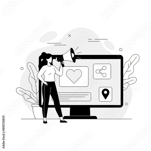 Business woman using megaphone in front of computer screen with social media icons