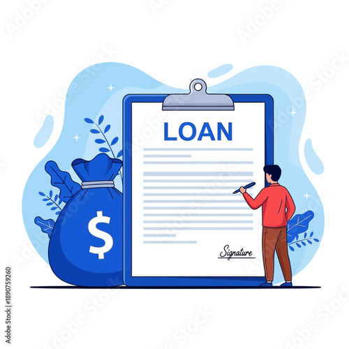 Man signing a loan document on a clipboard with a money bag