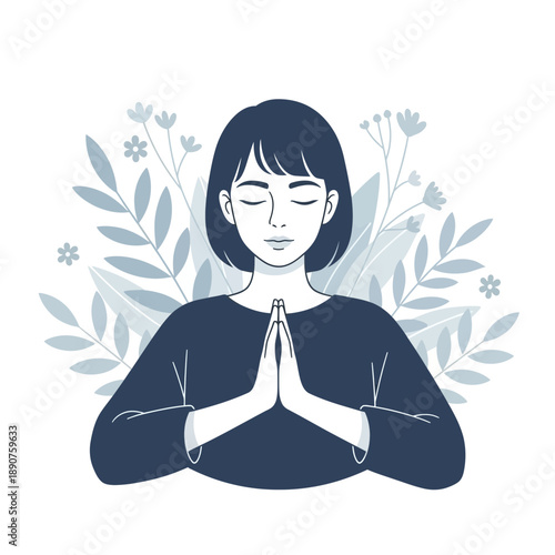 Woman meditating with hands together in a peaceful floral setting