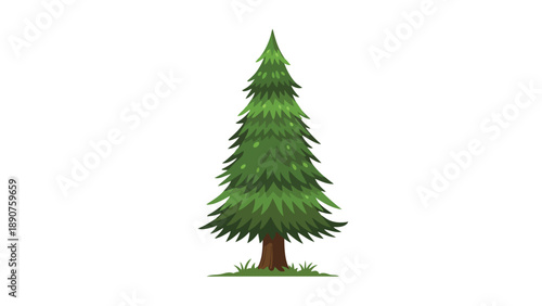 A vibrant cartoon illustration of a tall evergreen tree, featuring lush green needles and a sturdy brown trunk, elegantly positioned against a