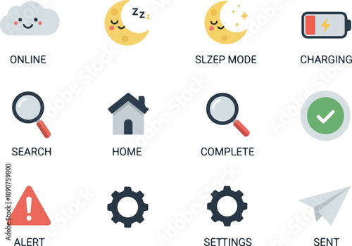 Flat design icons set for web and mobile applications, featuring essential digital concepts like online status, search, home, alerts, and settings for user interface design