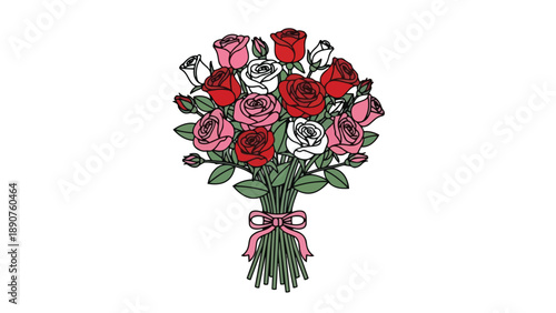 Vibrant arrangement of fresh blooming roses tied elegantly with a charming pink ribbon, symbolizing affection