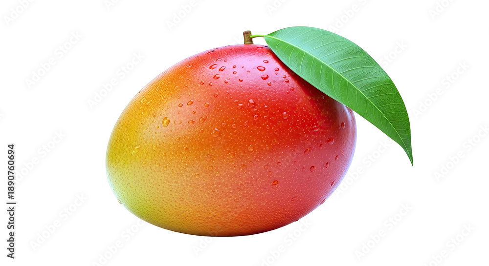 Fototapeta premium Fresh Mango with Water Droplets and Leaf