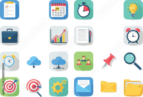 Modern collection of essential flat design concept icons representing business strategy, financial growth, productivity, and digital technology solutions for professional projects