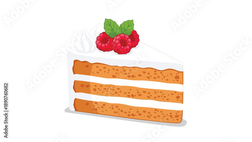 Sweet layered cake slice vector art, featuring white cream, bright red raspberries, and fresh green mint. A delicious dessert representation for any