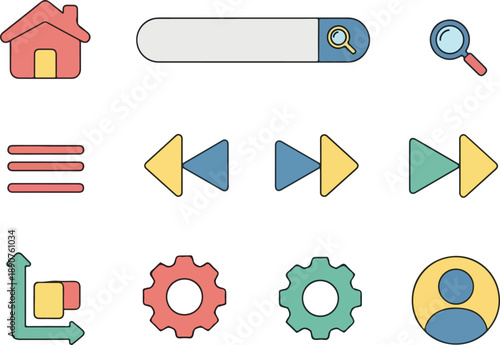 Vector set of flat design UI icons for modern web and mobile apps, including home, search, menu, media controls, settings, and user symbols