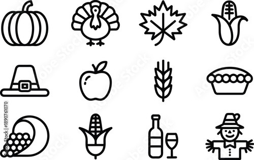 Thanksgiving autumn harvest line icons set with pumpkin turkey corn pie apple and fall symbols isolated on white background for seasonal design projects