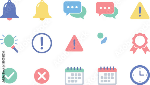 Essential UI Notification and Alert Icons Collection for Web and Mobile Interfaces, Featuring Bells, Messages, Warnings, and Status Indicators in a Modern Flat Design