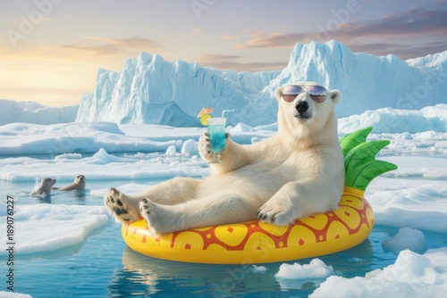 A cool polar bear in sunglasses relaxing on a tropical pineapple floatie, holding a blue cocktail among icebergs.