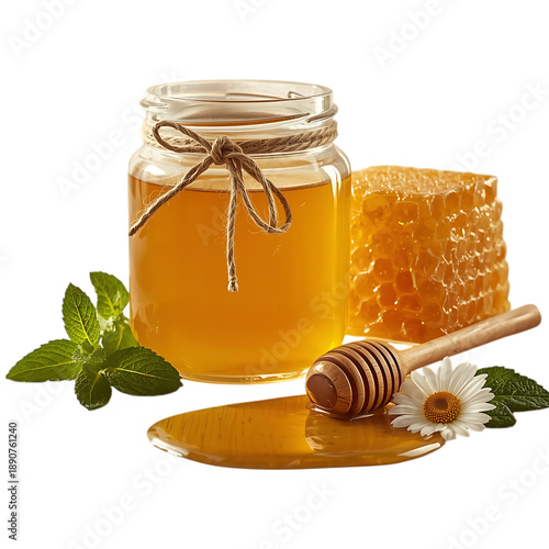 Honey jar with comb and dipper isolated on transparent background