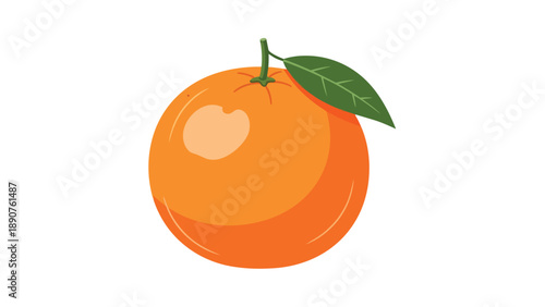 A vivid, round orange featuring a small green stem and fresh leaf, presented as a clean, isolated vector graphic on a crisp white background,