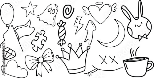 Collection of Cute Icons: A whimsical assortment of hand-drawn icons, each a testament to playful artistry, offering a glimpse into a world of fun and imagination. 