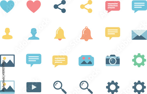 A versatile collection of flat design icons illustrating social media, communication, and essential user interface elements, facilitating engaging online interaction